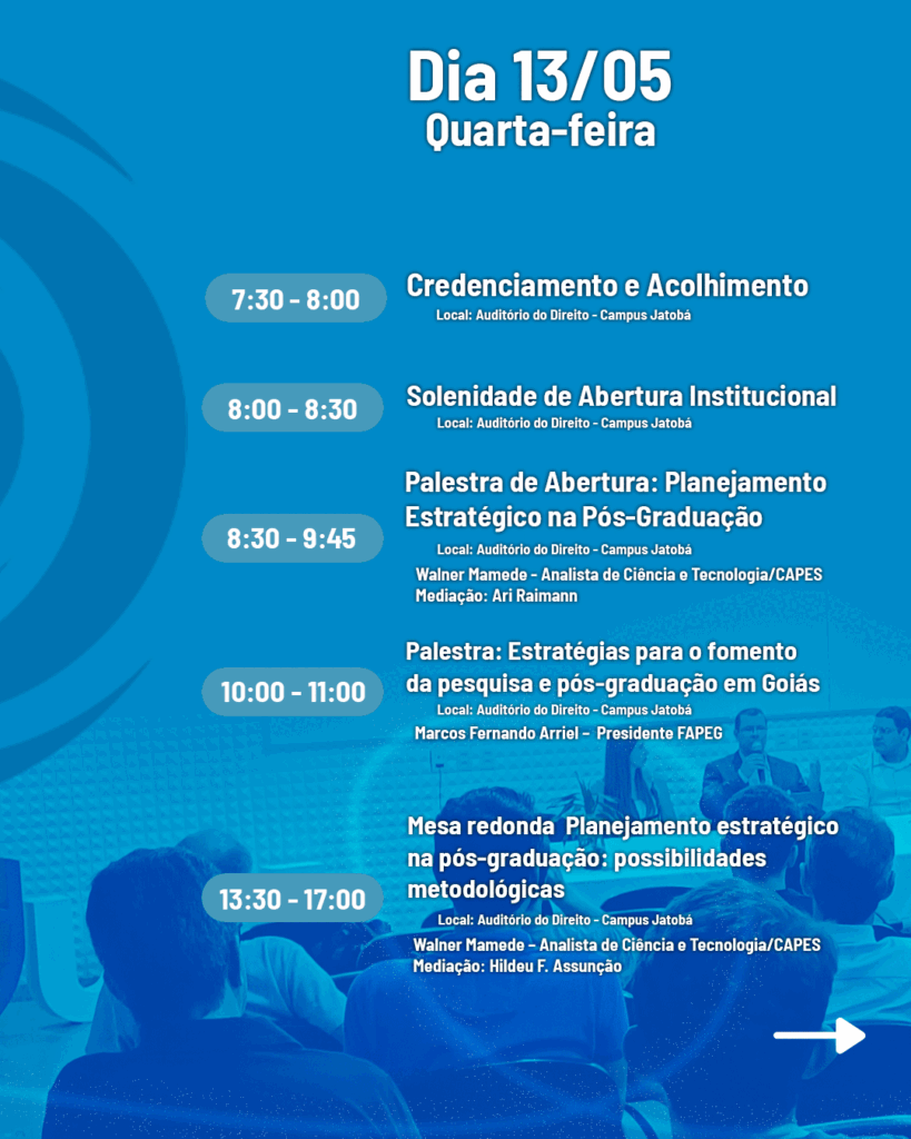 Dia 15/05 Sexta-feira
8:00 - 11:00 - Apresentações PPGs / GTTS - Local: Auditório do Direito - Campus Jatobá.

8:30 - Mostra científica / Lançamento de Livros
Local: Auditório do Direito - Campus Jatobá.
13:00 - 16:00 - Palestra de encerramento: Extensão e Pós-Graduação. Local: Auditório do Direito - Campus Jatobá
Olgamir Amancia - UnB. Mediação: Prof. Rafael Siqueira (PROECE).
13:00 - 16:00 Palestra de encerramento: Extensão e Pós-Graduação. Local: Auditório do Direito - Campus Jatobá
Olgamir Amancia - UnB
Mediação: Prof. Rafael Siqueira (PROECE).
16:00 Coffee break / Encerramento do Evento
Local: Auditório do Direito - Campus Jatobá