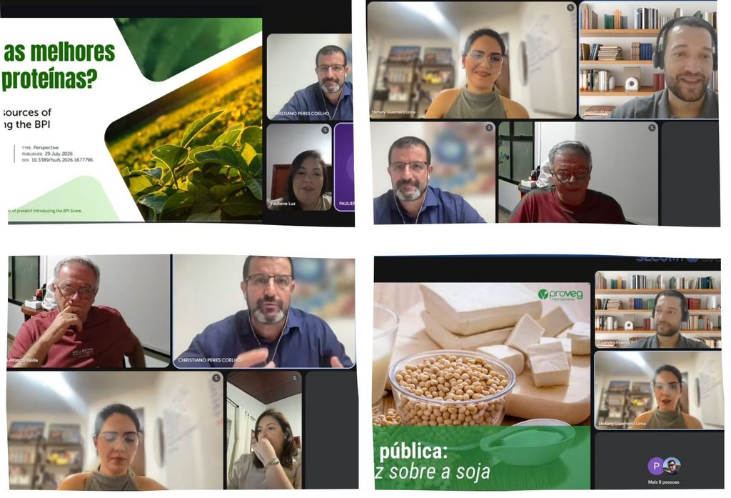 Montagem de fotos dos palestrantes do evento em tela de transmissão. 